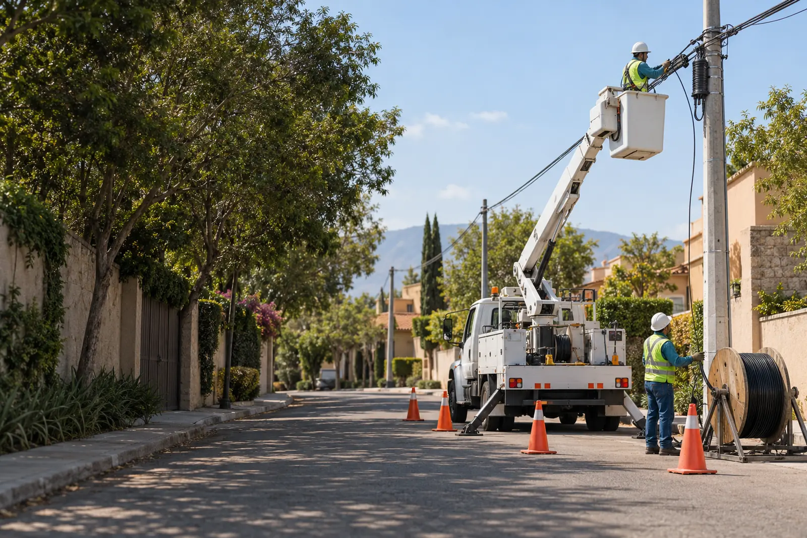 Cuadrilla realizando instalación aérea de fibra óptica en una calle