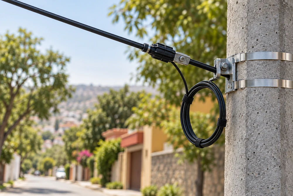 Cable de fibra óptica y herrajes en una red aérea en calle